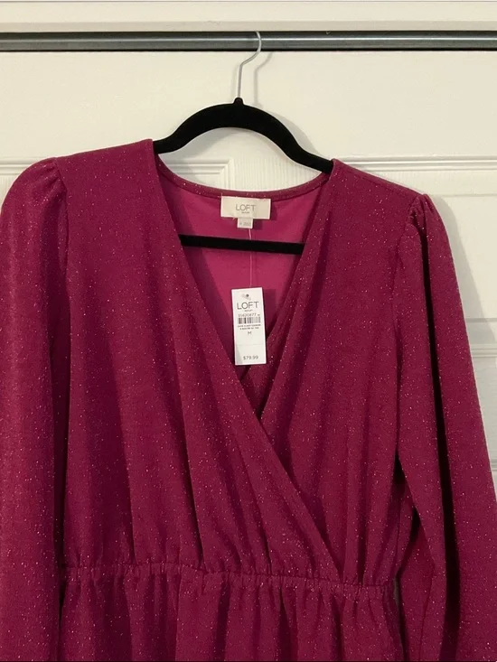 LOFT Sparkle Berry Wrap-Style Long Sleeve Dress - Picture 3 of 4